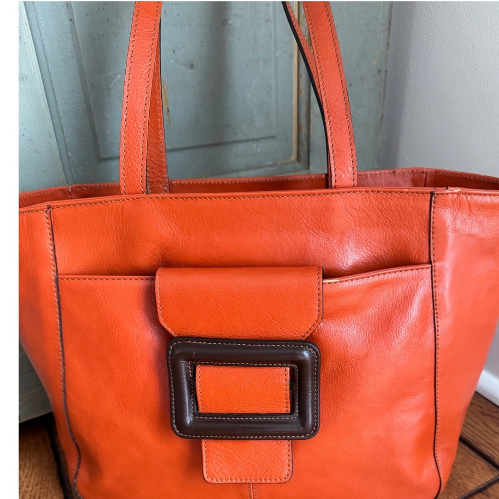 Anna Paola Italian Leather Lg Tote  Bag Womens Burnt Orange Buckle Front Pocket